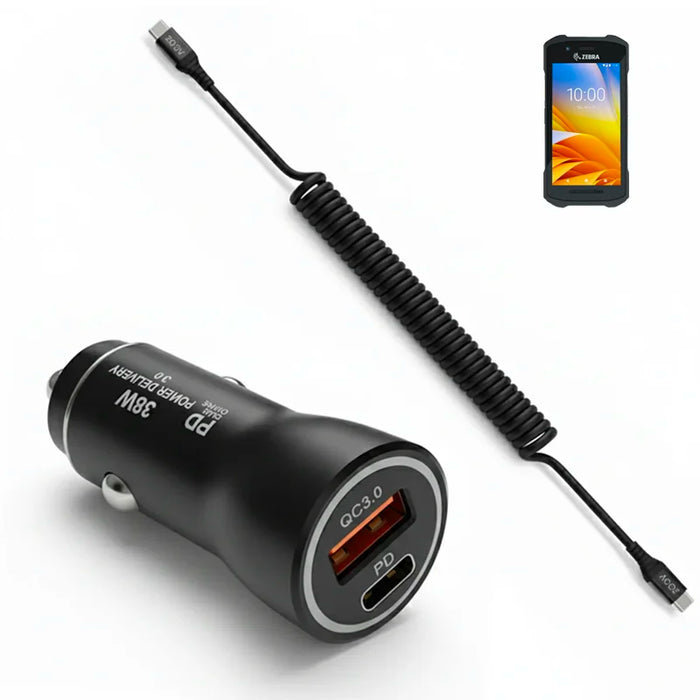 38W Fast Car Charger and USB-C Coiled Cable for Zebra TC27 Handheld