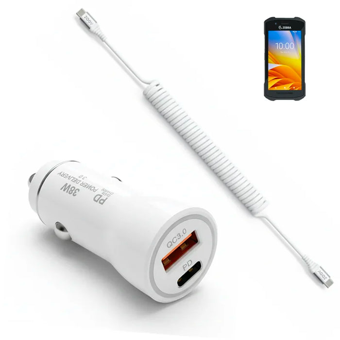 38W Fast Car Charger and USB-C Coiled Cable for Zebra TC73 Scanner