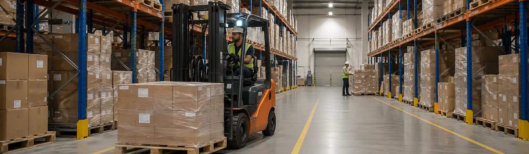 Forklift operator transporting palletized inventory through an organized warehouse aisle with clearly marked travel lanes.