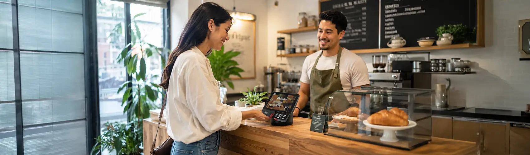 Customer tapping payment at a cafe counter using a PAX Aries terminal while a barista completes the checkout.