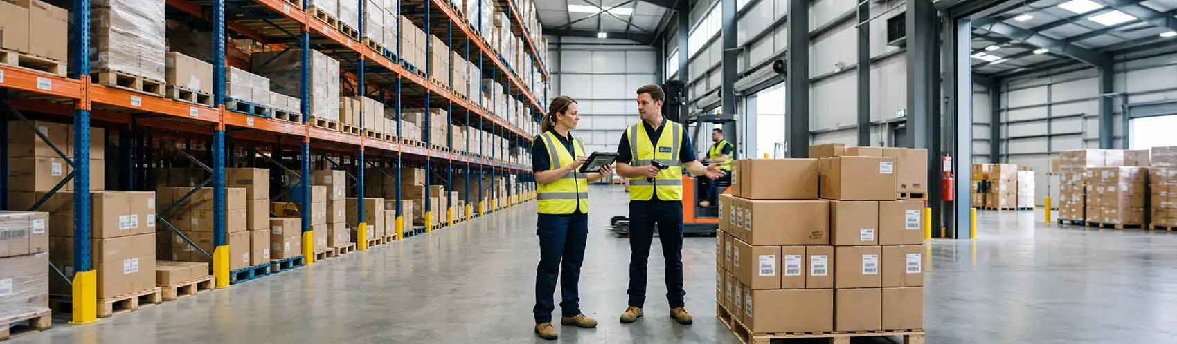 Warehouse operations team reviewing inventory activity and mobile workflows beside palletized shipments in a distribution center.