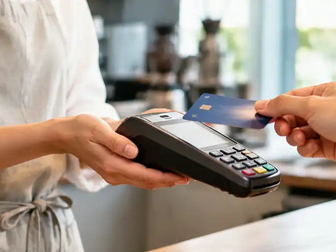 Verifone POS payment terminal used for a contactless card transaction at a café counter