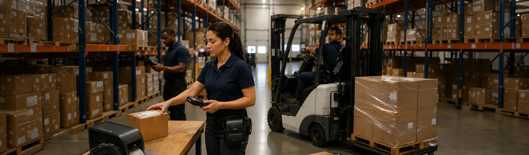 Warehouse team scanning inventory, printing labels, and moving goods as part of a connected fulfillment workflow.
