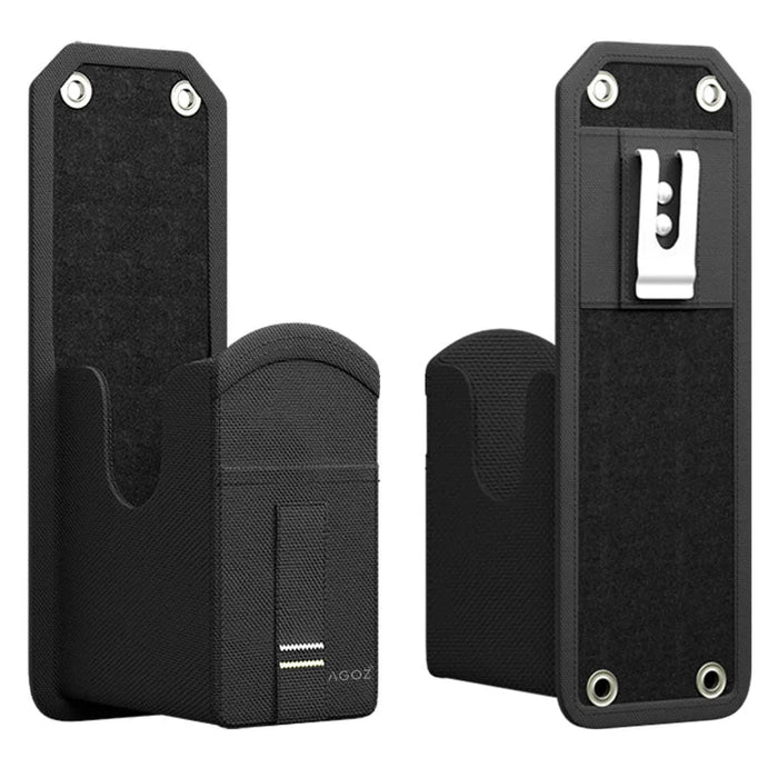 Agoz waist belt holster for Zebra scan guns shown from front and back with protective pouch, secure flap, and metal belt clip.
