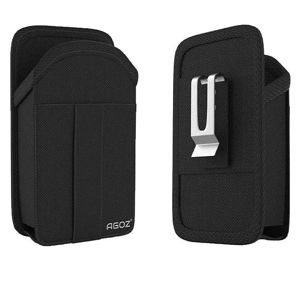 Agoz black canvas Stripe Reader case showing front pocket and rear metal belt clip