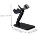 Black barcode scanner stand with measurement callouts showing height, base length, and base width.