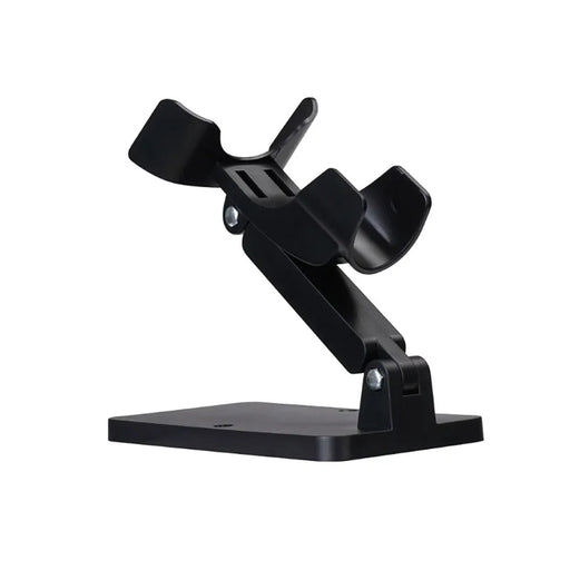 Black adjustable barcode scanner stand for JLT handheld scanners on a clean white background.