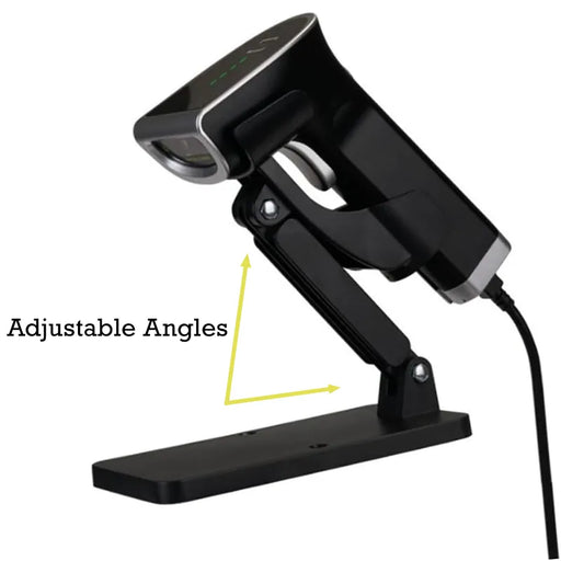 JLT barcode scanner positioned in an adjustable black scanner stand with angle adjustment shown.