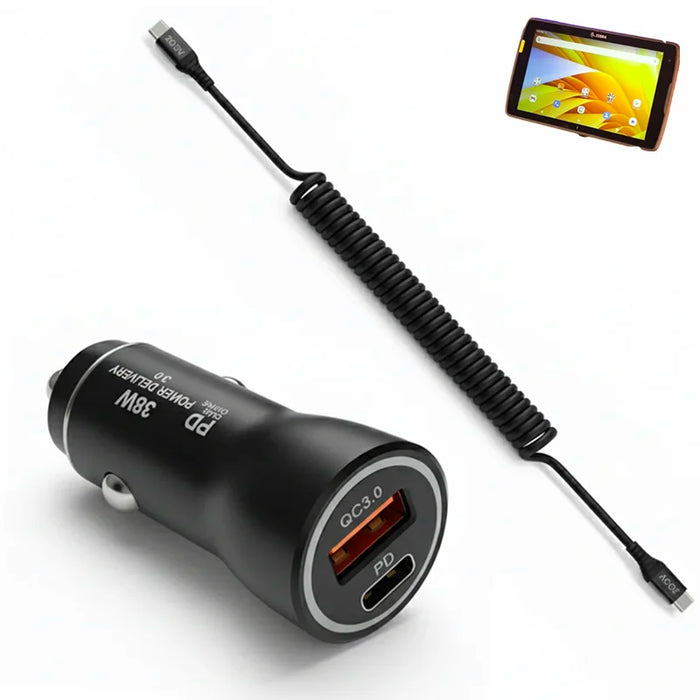 38W Fast Car Charger & USB-C Coiled Cable for Zebra ET401 Tablet
