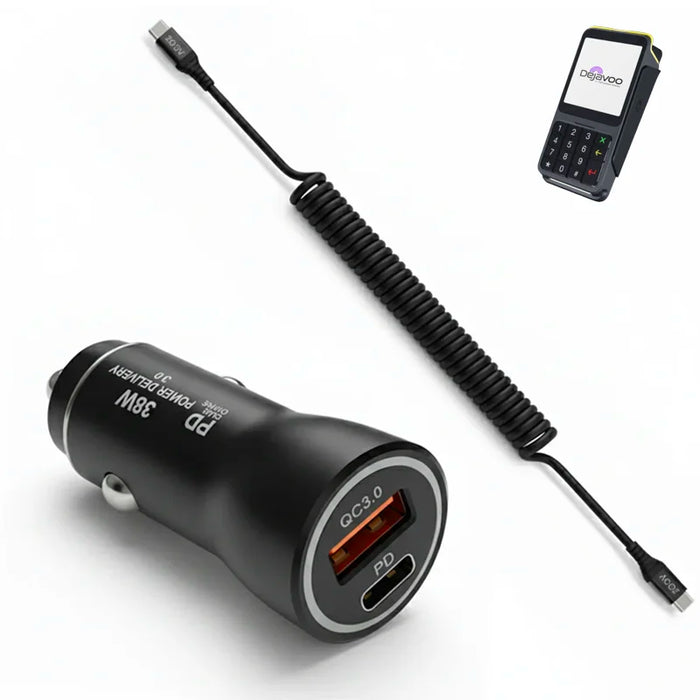 38W Fast Car Charger and USB-C Coiled Cable for Dejavoo P17 POS Terminal