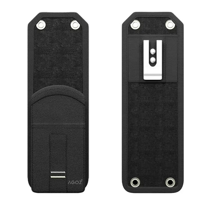 Front and back views of the Agoz Cognex DataMan 8700 holster showing the open device pocket, belt clip, grommets, and black canvas construction.