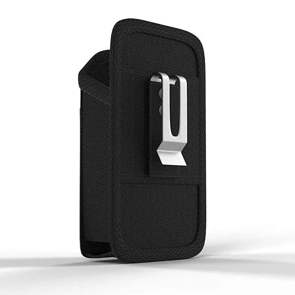 Rear view of Agoz black canvas Stripe Reader case with secure metal belt clip