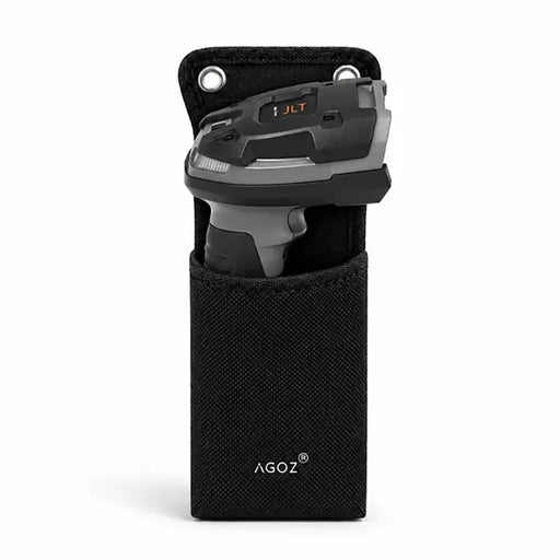 JLT barcode scanner seated in a black AgozTech holster case on a white background for industrial scanning workflows.