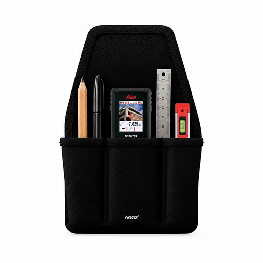 Front view of black Agoz utility tool pouch with multiple storage pockets holding a Leica DISTO X4 laser distance meter, pencil, pen, ruler, and mini level.
