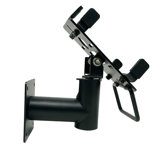 Side view of AgozTech heavy-duty metal Newland POS wall mount showing adjustable tilt bracket, terminal grips, and wall mounting arm.