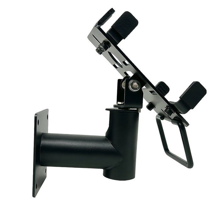 Side view of AgozTech heavy-duty metal Newland POS wall mount showing adjustable tilt bracket, terminal grips, and wall mounting arm.
