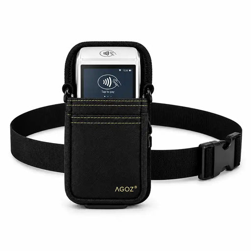 Black Agoz Saturn 1000F2 POS holster with adjustable nylon waist belt, buckle closure, and payment terminal displaying a contactless payment screen.