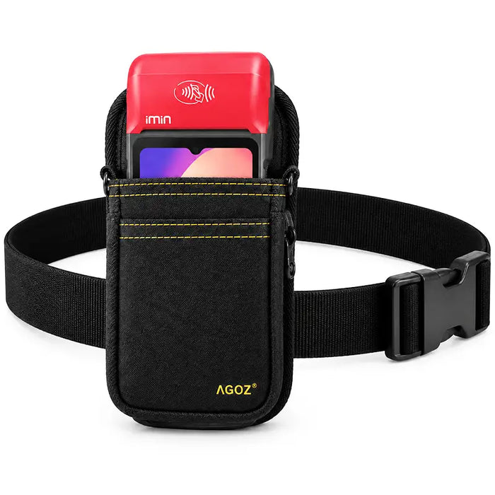 iMin POS handheld terminal secured in an Agoz black holster with adjustable waist belt and buckle.