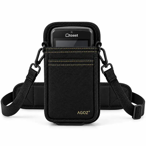 Agoz black Toast Go 2 handheld POS holster with front storage pocket, yellow stitching, adjustable crossbody sling, and waist belt attachment.