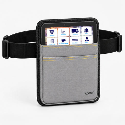 Gray Agoz PAX payment tablet holster with black adjustable waist belt, front accessory pocket, and PAX POS tablet displayed in the pouch.