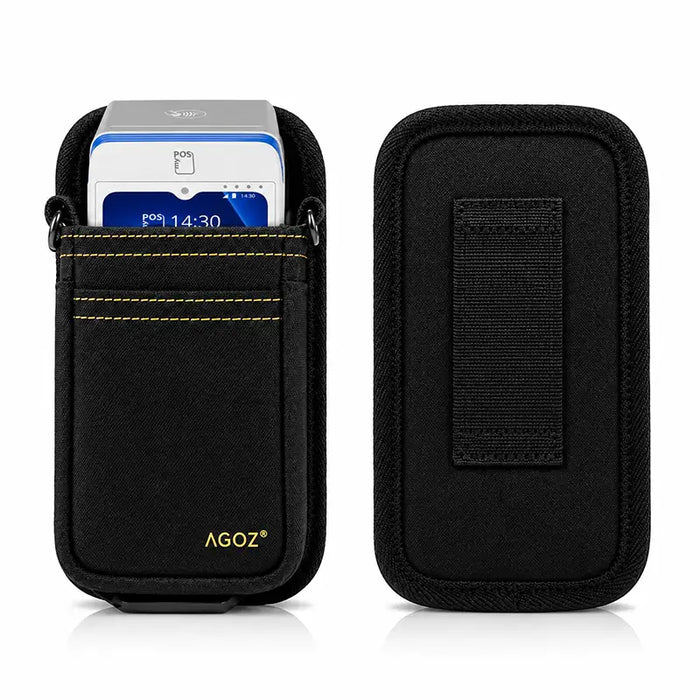 Front and rear views of the Agoz black myPOS payment terminal holster showing the open-top design and rear belt loop.