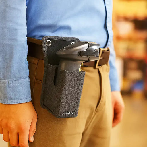 Close-up of a JLT 1D/2D barcode scanner secured inside a black AgozTech holster case with reinforced eyelets.
