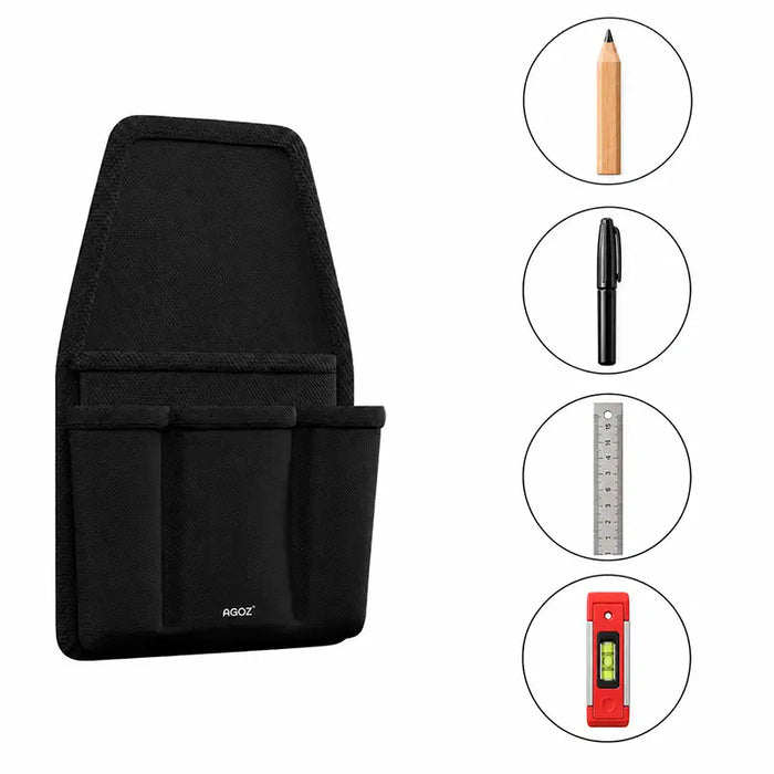 Angled view of empty black Agoz utility tool pouch with multiple storage pockets, shown alongside illustrations of measuring and marking accessories.