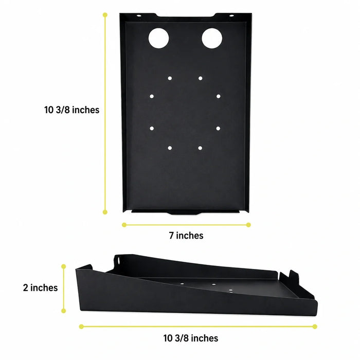 AgozTech Zebra printer wall mount shelf dimensions showing 10 3/8 inch length, 7 inch width, and 2 inch height