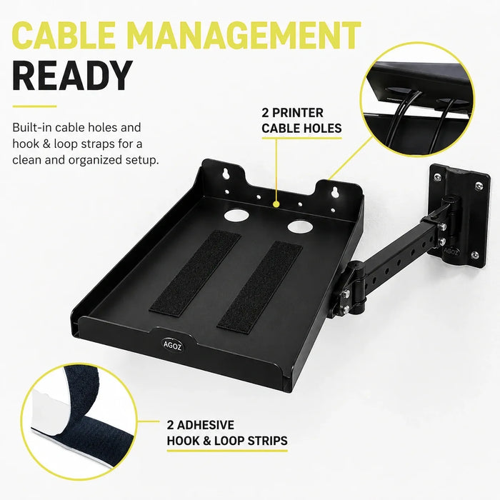 Agoz printer shelf with two cable-routing holes and adhesive hook-and-loop strips for organized cable management.