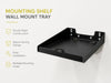 AgozTech black printer wall mount tray showing steel construction, space-saving design, mounting holes, and direct wall installation.