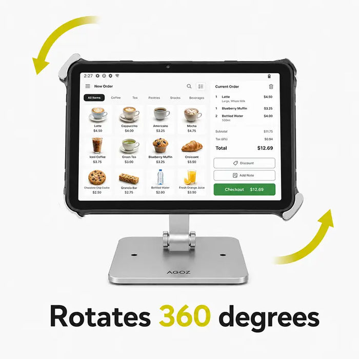 Unitech RT112 POS tablet on an Agoz low-profile stand demonstrating 360-degree rotation.