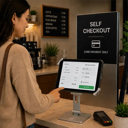 Customer using a Unitech RT112 tablet on an Agoz self-checkout stand beside a card payment terminal.