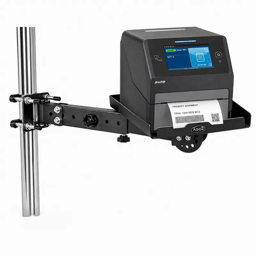 SATO label printer secured on an Agoz adjustable pole-mount shelf for healthcare labeling stations.