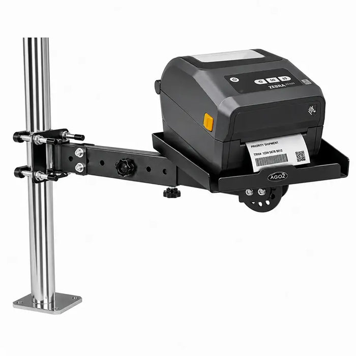 Zebra label printer secured on an adjustable Agoz pole mount with swing arm and printer shelf.