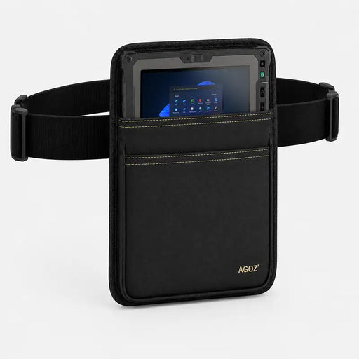 Black Getac tablet waist belt case with rugged tablet secured in front pocket for worksite carry