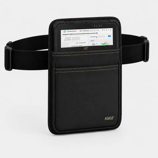Black AgozTech waist belt case holding a JLT rugged tablet with an adjustable belt on a white background.