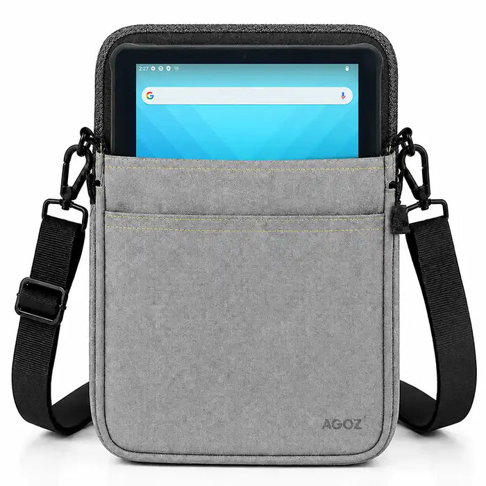 Gray Agoz crossbody tablet case holding a Unitech RT112 with an adjustable black shoulder strap