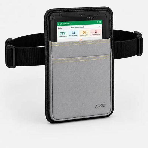 Gray AgozTech waist belt case carrying a JLT rugged tablet with an adjustable black belt.