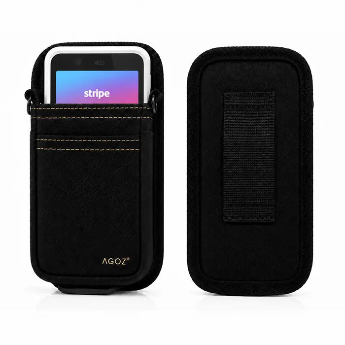 Front and back views of black Agoz holster compatible with Stripe Reader S700 and S710
