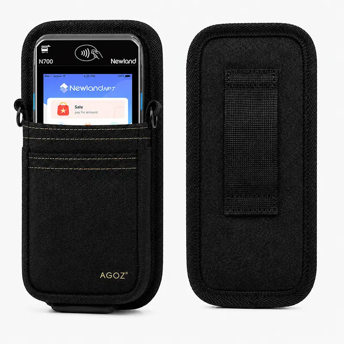 AgozTech black waist belt holster for Newland POS terminals shown with front pocket and rear belt loop panel.