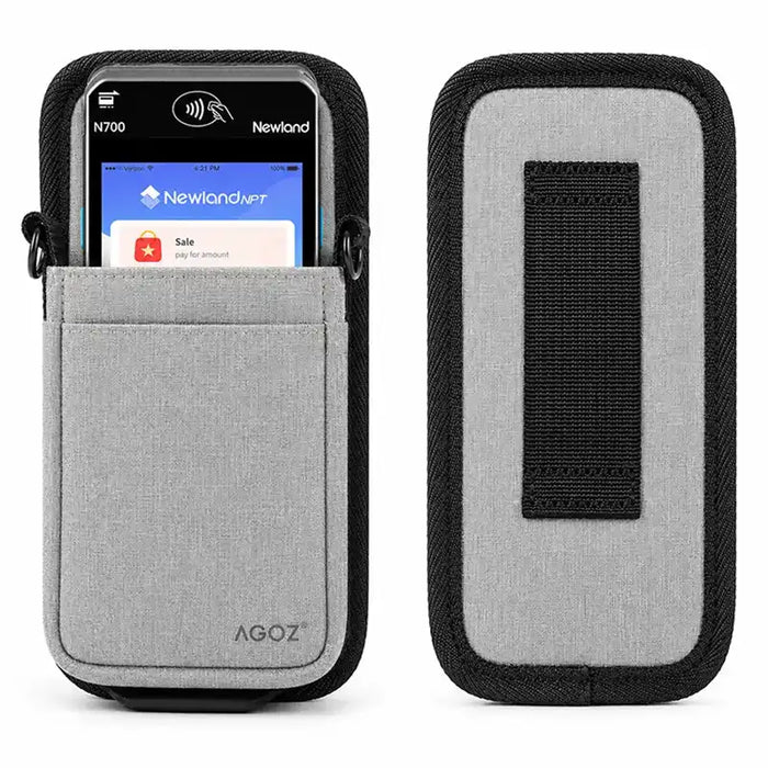 AgozTech gray waist belt holster for Newland POS terminals shown with front pocket and rear belt loop panel.