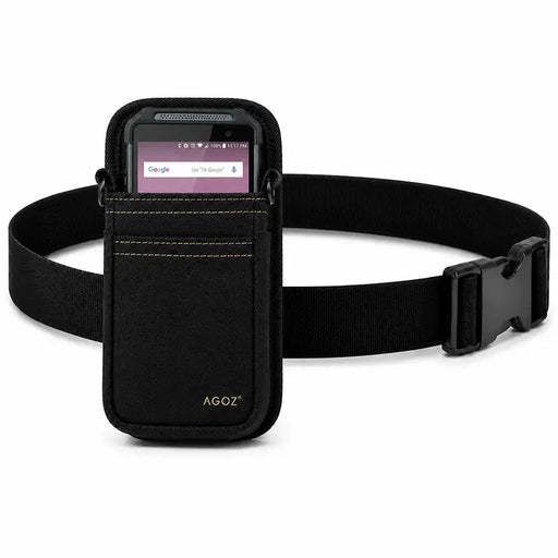 Black Point Mobile waist belt case shown with a Point Mobile device secured in the front pocket and an adjustable belt strap for delivery and inventory workflows.