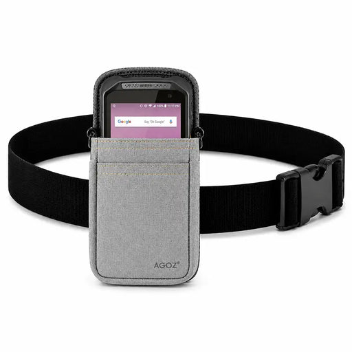 Gray Point Mobile waist belt case shown with a Point Mobile device secured in the front pocket and an adjustable belt strap for mobile inventory work.