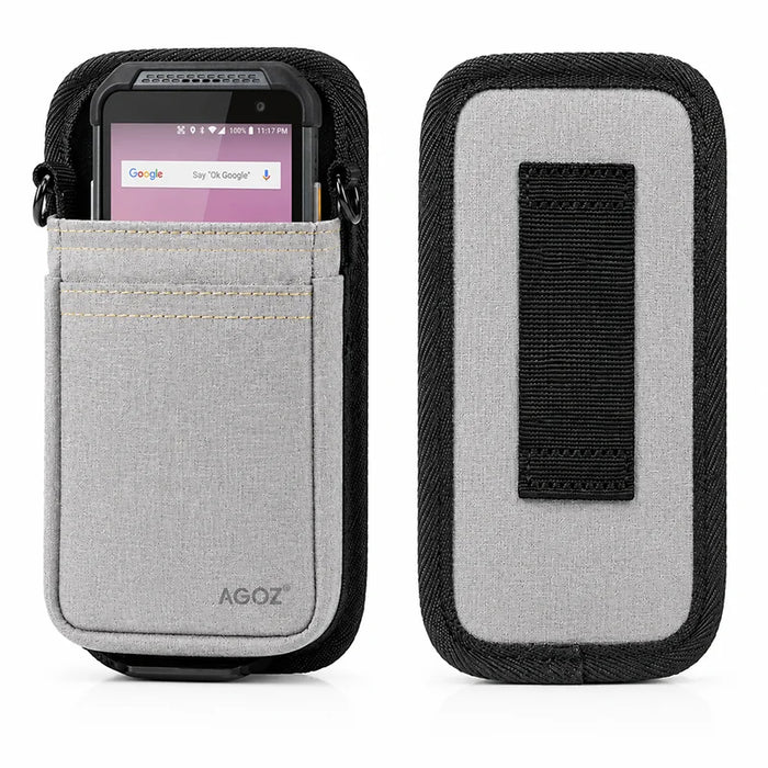 Gray Point Mobile waist belt case shown with front device access and rear belt loop detail for delivery and inventory workflows.