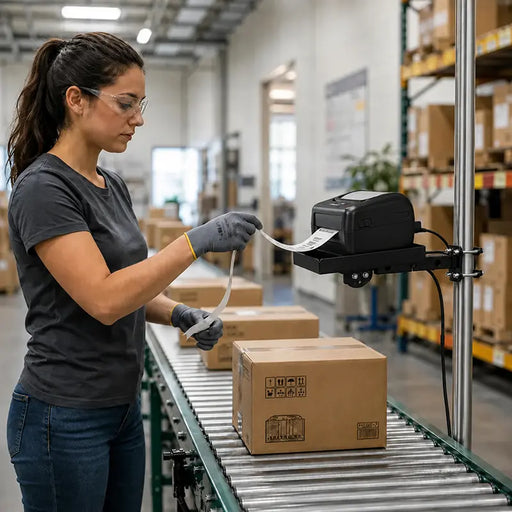 Warehouse employee printing and applying shipping labels from a Honeywell printer mounted beside a receiving conveyor.