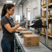 Warehouse employee printing and applying shipping labels from a Honeywell printer mounted beside a receiving conveyor.