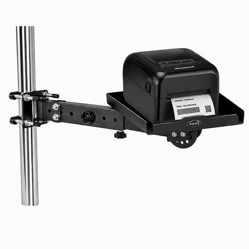 Honeywell label printer secured on an Agoz adjustable pole-mount shelf with swing arm and U-bolt clamps.