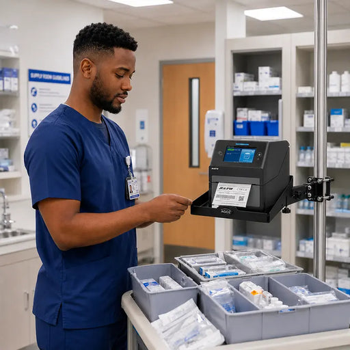 Healthcare worker retrieving labels from a SATO printer on an Agoz pole-mounted shelf near a supply cart.