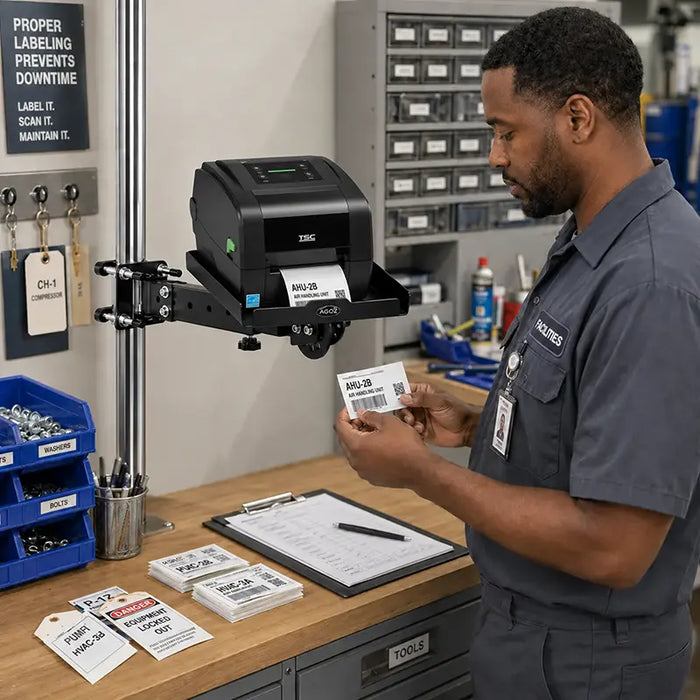 Facilities technician reviewing equipment identification labels printed from a TSC printer on an Agoz pole-mounted shelf.