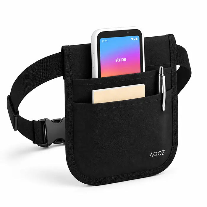 Agoz server apron pouch with Stripe Reader S700 and S710, notepad, pen, and adjustable waist belt